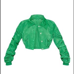 PLT Green Cropped Ruched Sleeve Shell Jacket